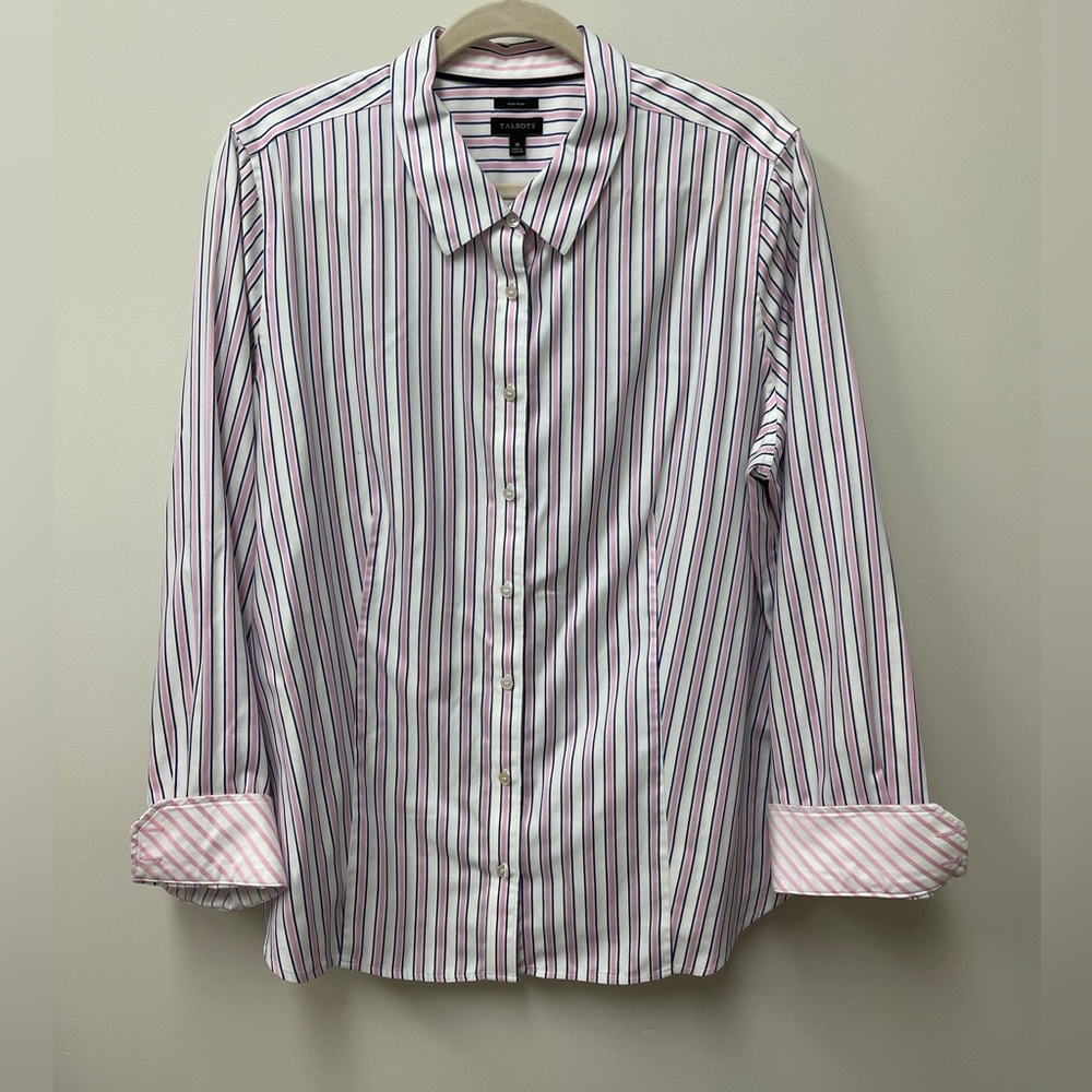Talbots Women's Pink and White Striped Blouse 100% Cotton